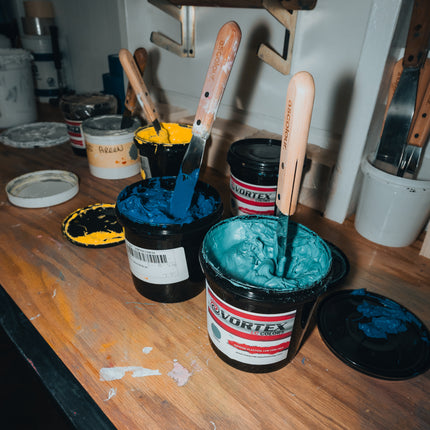 1/1: Brick on Blue - hand printed, smooth two-color ink faded print. no two are the same.