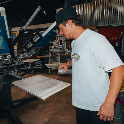 1/1: Blue on Brick Tee - hand printed, smooth two-color ink faded print. no two are the same.